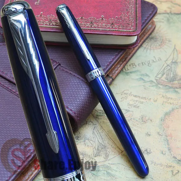 JINHAO 601 Глянцевая синяя и серебряная перьевая ручка 18KGP с тонким наконечником
