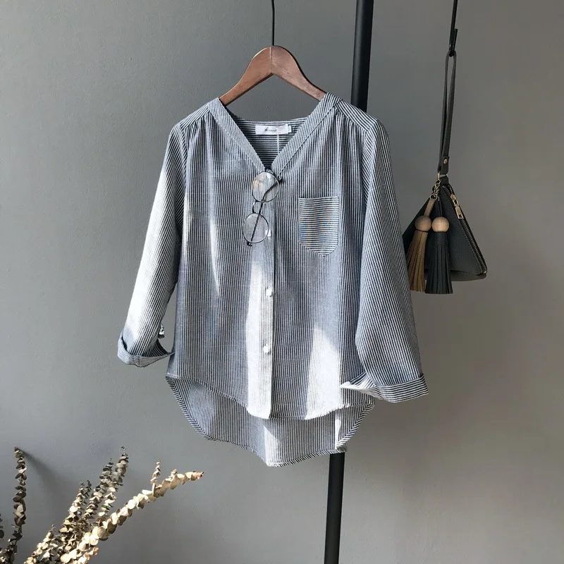 Neploe Весенняя повседневная женская блузка с длинным рукавом из хлопка в полоску