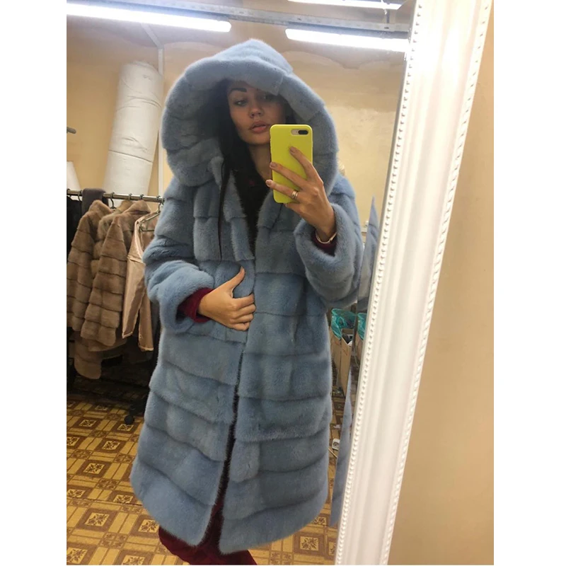 FURSARCAR новое женское синее роскошное зимнее пальто из натурального меха норки с большим капюшоном, Толстая теплая длинная куртка для женщин, пальто