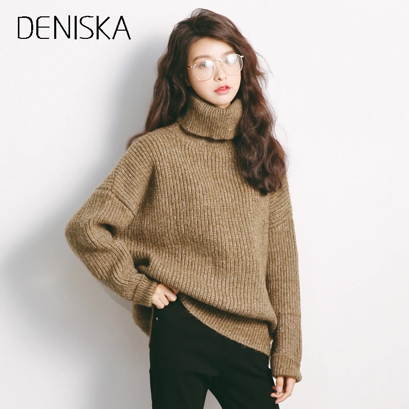 DENISKA 2018 Pullover Winter Sweaters Women Loose Style Oversized Turtleneck Long Sleeve Soft Warm Thick Casual Jumper F | Женская