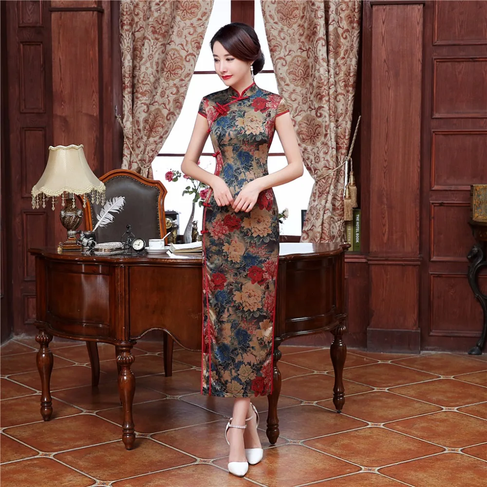 Платье Ципао с коротким рукавом из искусственного шелка|cheongsam style|chinese cheongsamchinese