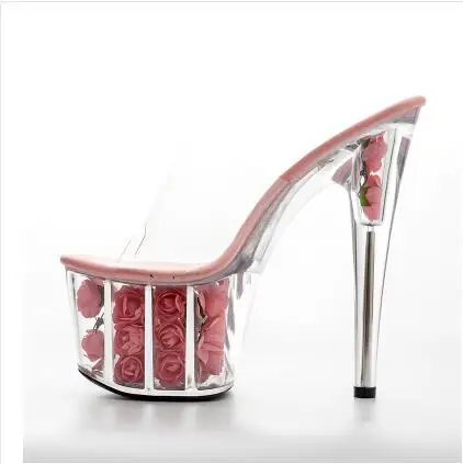 Platform Women Slippers Shoes Thin Heel Ultra High Heels 17CM Flowers Transparent Crystal Sandals Female | Обувь