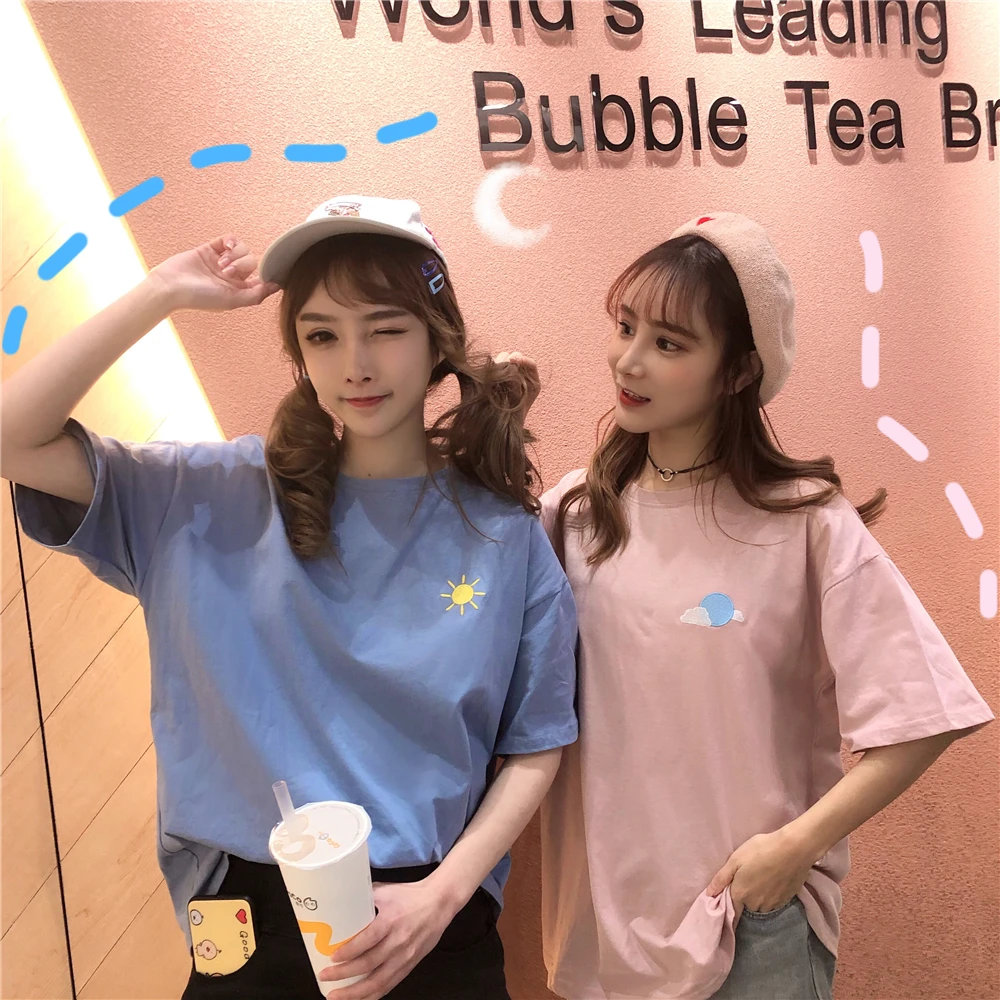 Женская футболка пастельных цветов Harajuku Ulzzang хлопковая простая с вышивкой для