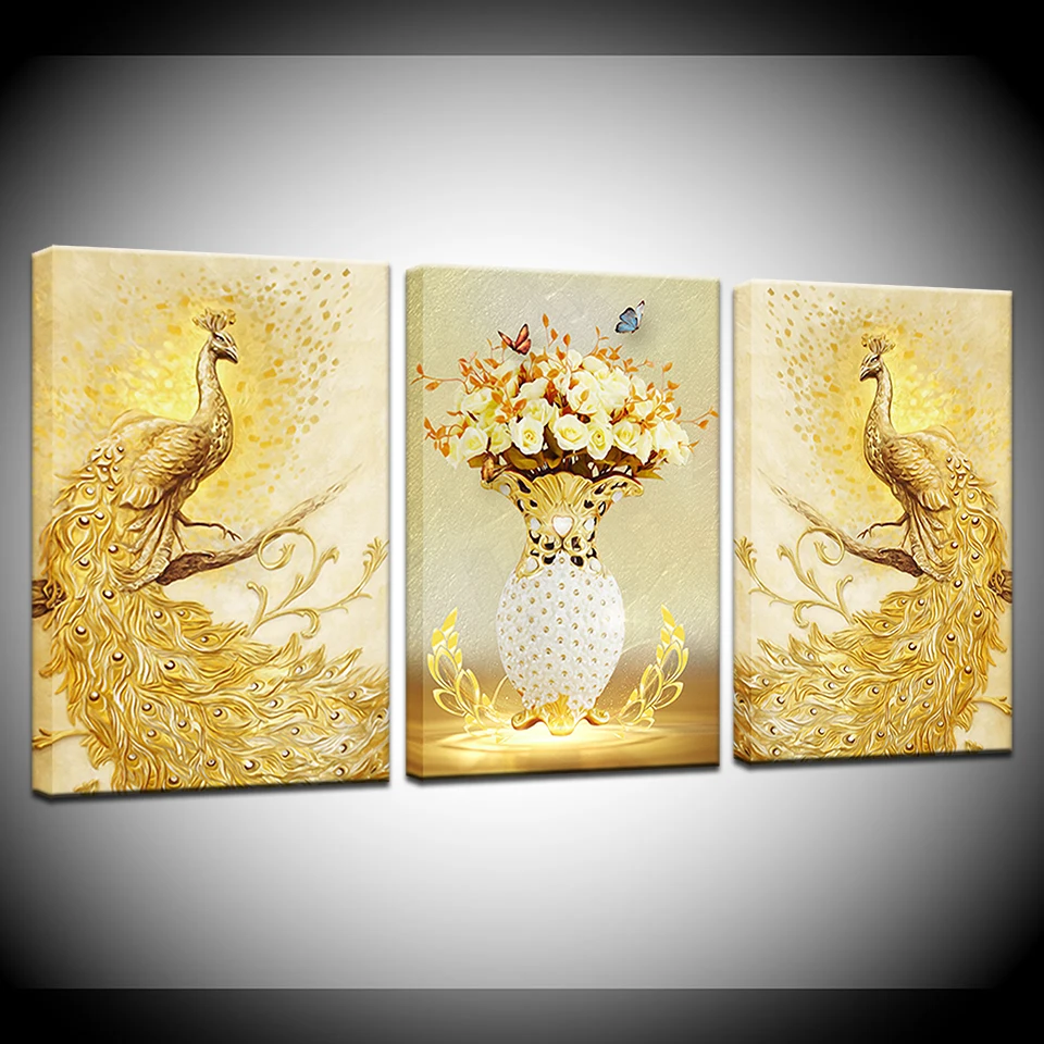 

Canvas Posters HD Prints Pictures Living Room Wall Art Framework 3 Pieces Golden Peacock Couple And Flowers Paintings Home Decor