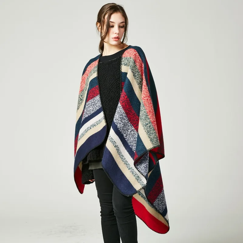 Thick Striped Jacquard Cashmere Scarf Warm Luxury Brand Scotland Cloak Woman Lady Autumn Winter 150*130CM 450g |