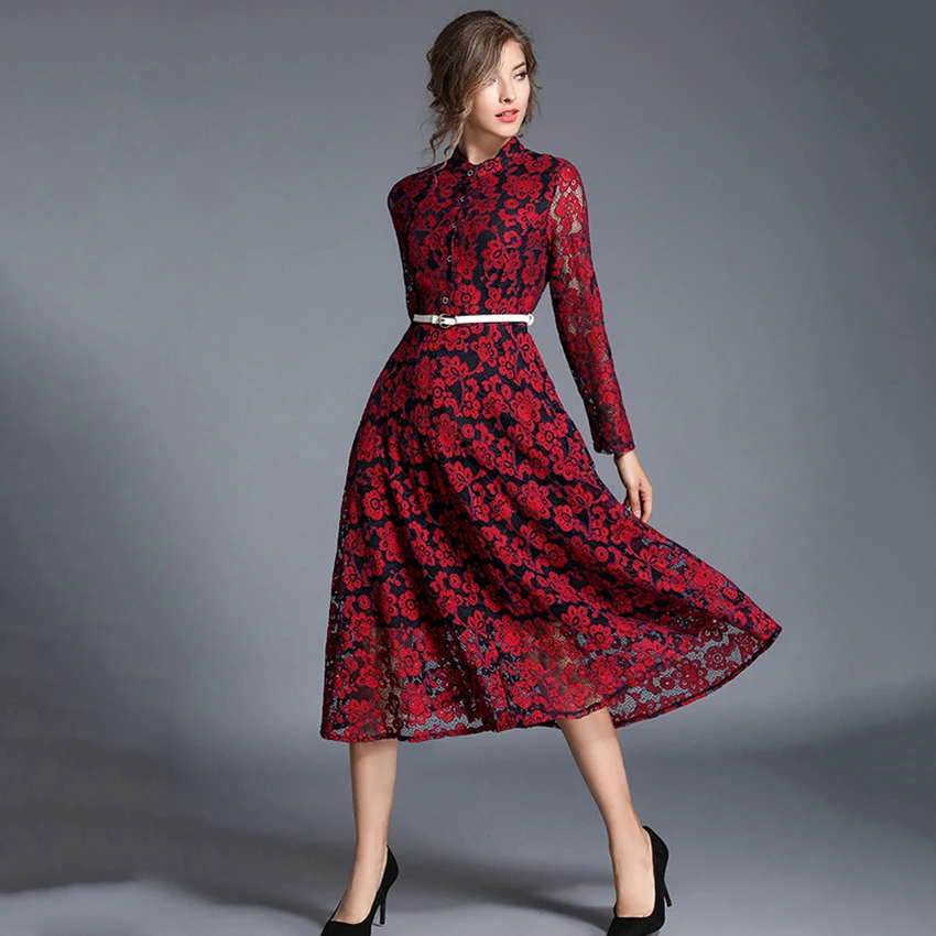 2017 осеннее платье элегантное женское кружевное с длинным рукавом винтажное