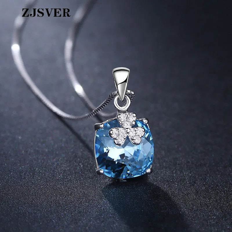 ZJSVER синий квадратный кристалл клевер кулон Мода серебро Женская цепочка на