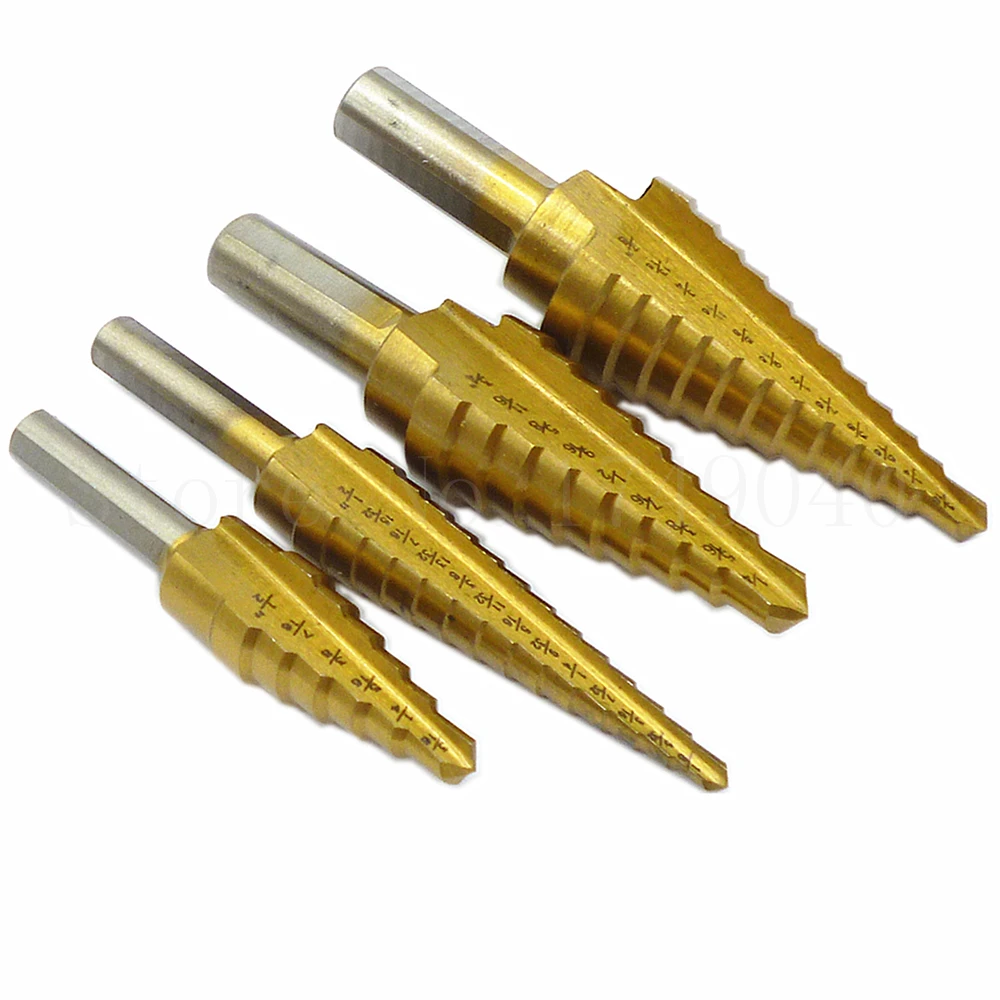 4pcs Large Titanium HSS Step Cone Drill Bit Set 3/16-1/2&quot 1/8-1/2&quot 1/4-3/4&quot 3/16-7/8&quot Wood Metal Plastic Drilling Hole |