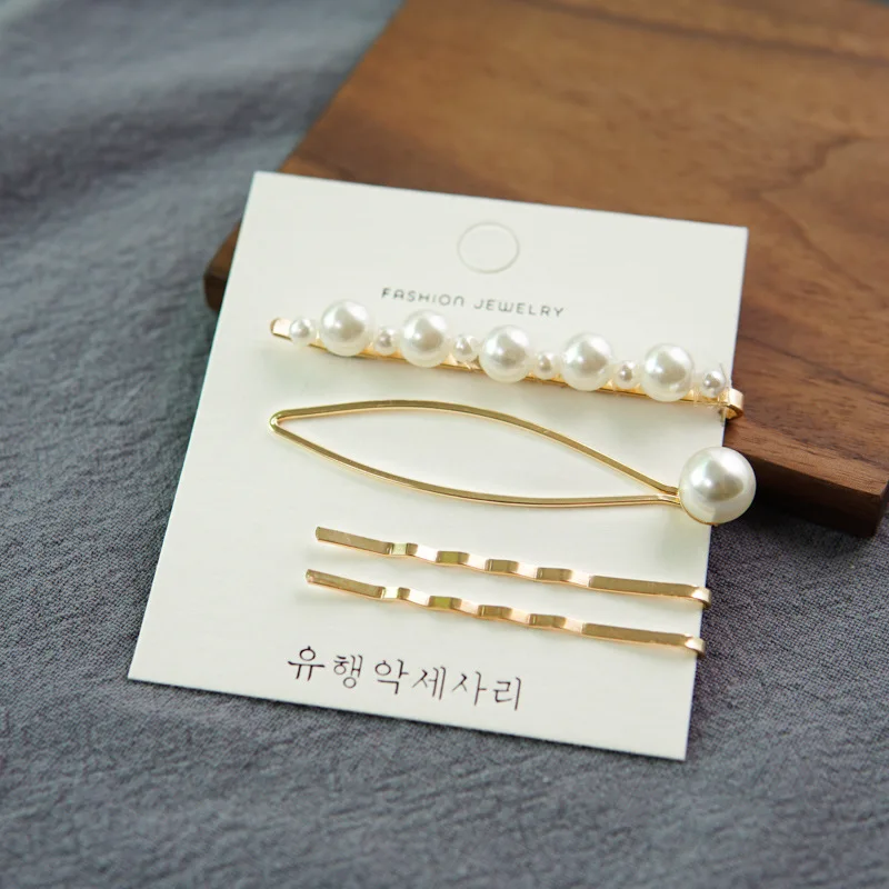 Levao New Fashion Girls Irregular Hairpins Faux Pearl Decor Hair Clips 4pcs Geometric Gold Alloy Hair Accessories for Women