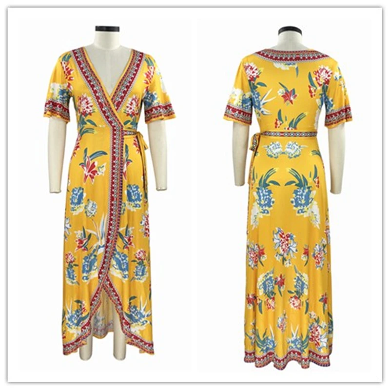 

2019 New Female Summer Dress Fashion Trendy Casual Temperament Print Large Size Loose V-Neck Short Sleeve Women Long Dress CW661
