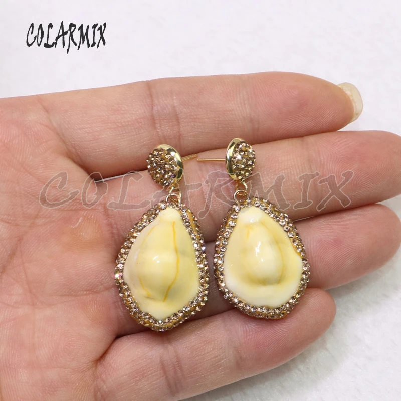 Natural shell stone pave gold color rhinestone earrings yellow fashion jewelry earrings7142 | Украшения и аксессуары