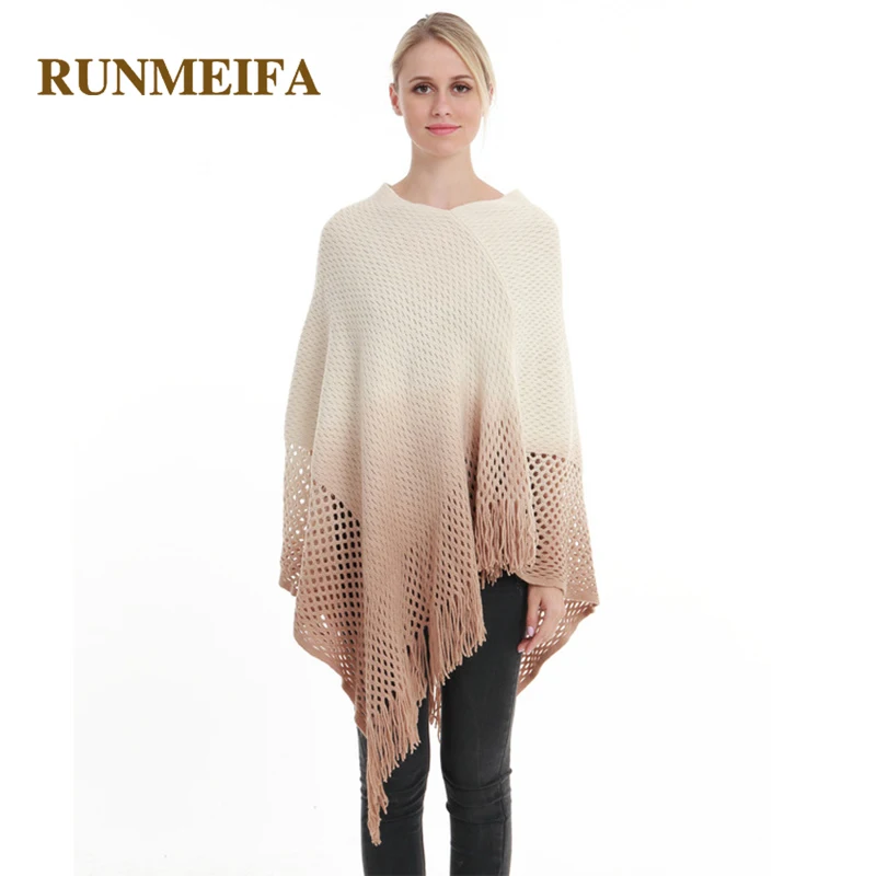 

2018 New Fashion Autumn/Winter Warm Gradient Poncho For Women Loose Cape Oversize Knitted Long Shawls Soft Luxury Brand Cloak