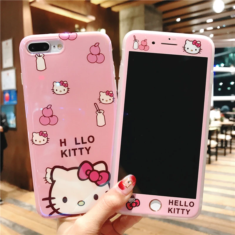 Cute hello Kitty case For iPhone 8 8Plus Tempered Glass Screen film &amp blue ray KT soft Cover for X 7 7plus 6 6S 6SPlus |
