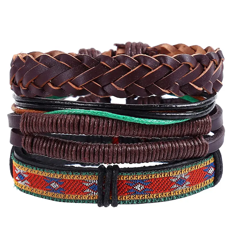 4 шт./компл. Панк boho Тибетский ткань темно коричневый кожа нить для макраме узлы обёрточная бумага широкий бан браслеты для человека ручной ЮВЕ - Окраска металла: whole set