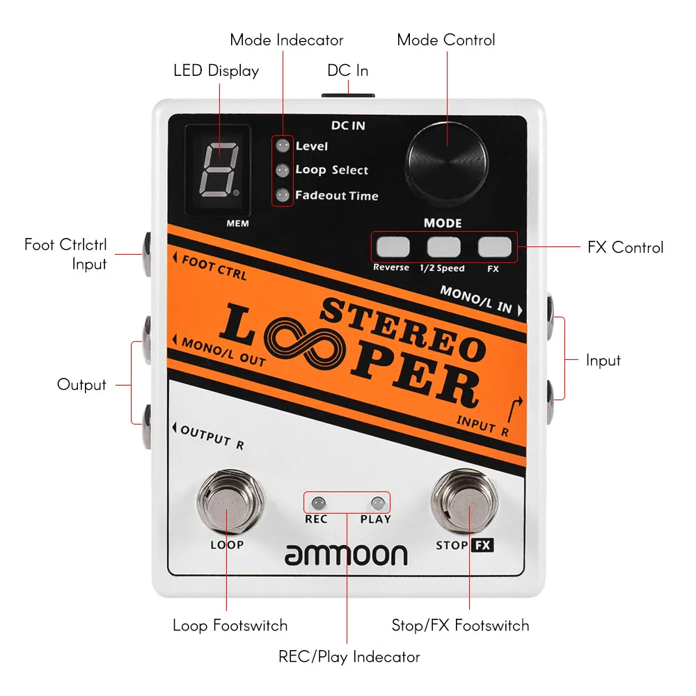 Ammoon STEREO Loop Record педаль гитарного эффекта 10 независимых петель макс. мин Время