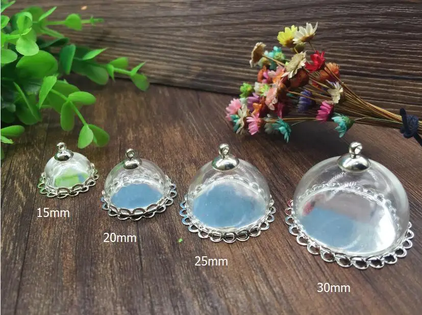 

10sets 15/20/25/30mm half round glass globes cover diy silver plated filigree crown double lace edge base tray vial pendants