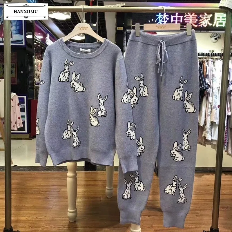 Зимняя мода кролик печати Для женщин пижамы наборы Мягкий хлопок с длинным