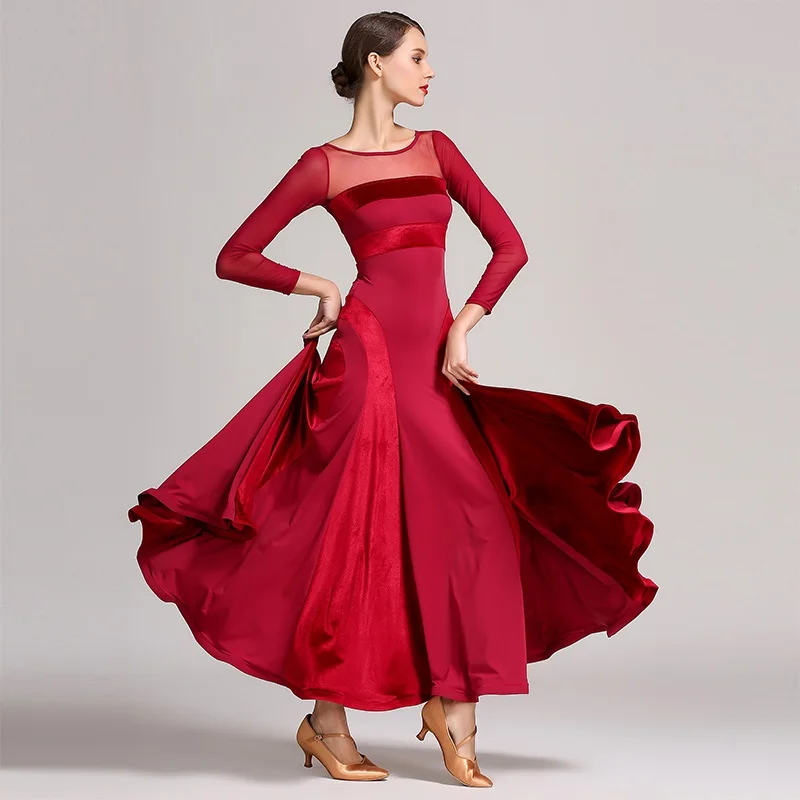 

Lady Ballroom Dancing Dress High-quality Velvet Long-sleeved Morden Dance Costumes National Standard Dance Dress O Neck D0744
