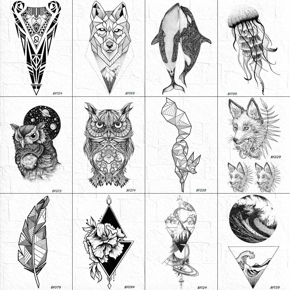 

VANKIRS Body Arm Art Tattoos Temporary Women Owl Black Henna Tatoo Sticker Fake Geometric Fox Water Transfer Tattoo Paper Decals