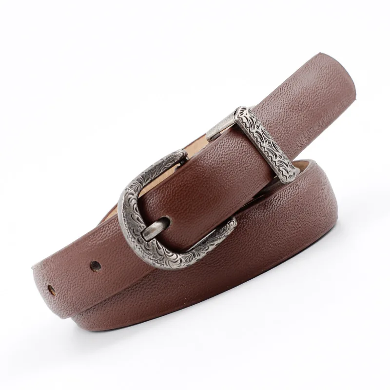Кофе New Designer Ladies Boho Vintage Belt Buckle Belt Woman Thin Narrow Black White Red Brown Leather Belts for Women Jeans - Цвет: Кофе