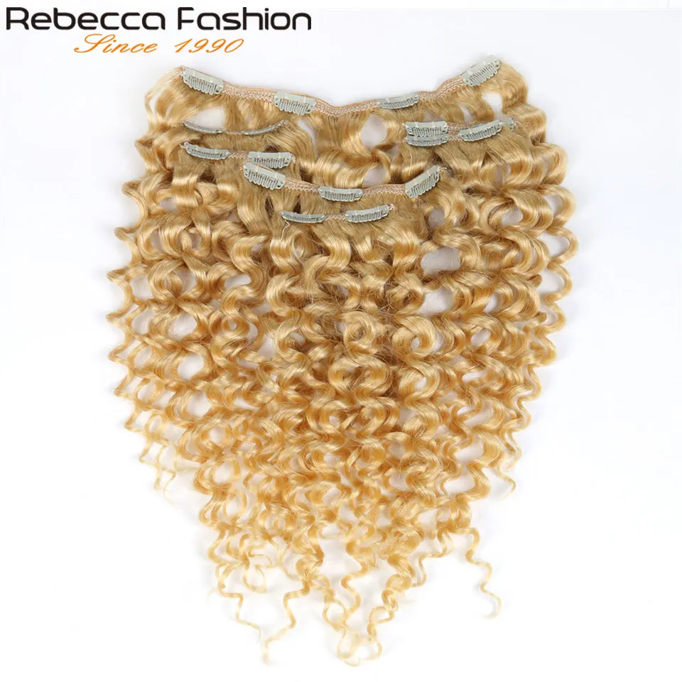 Rebecca Hair 7Pcs In Human Hair Extensions Jerry Curl Remy Hair Clip Blonde Color#613 Full Head 7Pcs Per Set Remy Hair Weaves