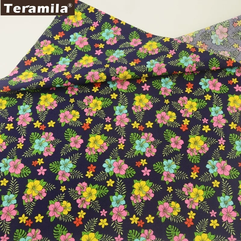 Teramila Cotton Poplin Fabric Printed Wild Flower With Leaves Design Fat Quarter Meter Navy Quilting Decoration Shirt Crafts|cotton poplin|cotton