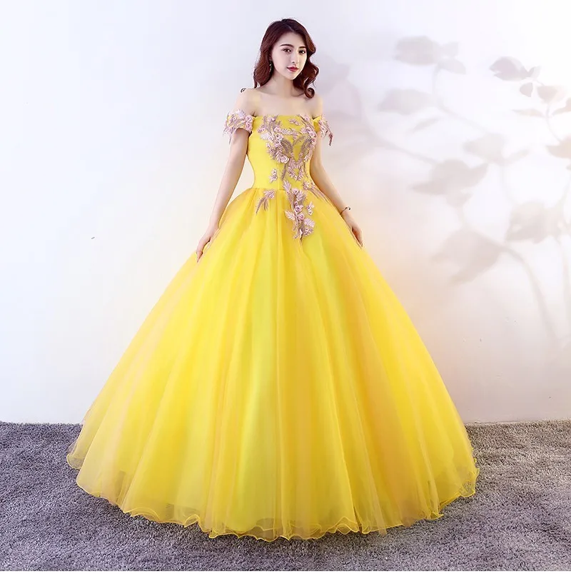 Vestidos De 15 Anos Дешевое вечернее платье с открытыми плечами кружева желтый тюль Принцесса пышные платья для сладких 16 лет