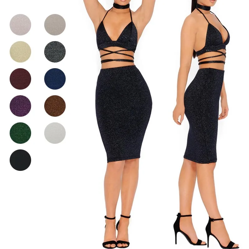 New Hot Sexy Women Bandage Bodycon Halter V-neck Lace Up Crop Top+Skirt Two Piece Set Party Clothes YAA99 | Женская одежда