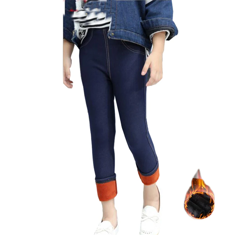 

Winter Children Imitation Jeans Pants Girls Stretch Leggings Plus Velvet Thick Wild Leggings Girls Long Pants