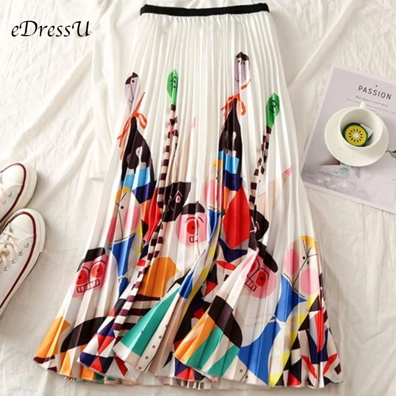 

High Waist Pleated Midi Skirt Women Print Novelty Trendy Pleated Skirt Elastic Summer Autumn Skirt Casual Daily Wear LS-9831