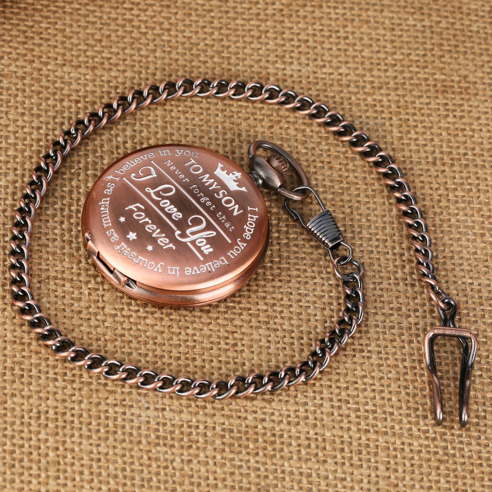 

To My Son I Love You Forever Theme Pocket Watch Rose Gold Punk Pocket Roman Numerals Display Necklace Chain Pendant Dropshipping