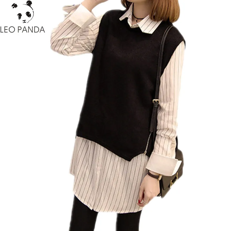 Женская модная свободная Длинная блузка в полоску весенний пуловер Плюс вязаный