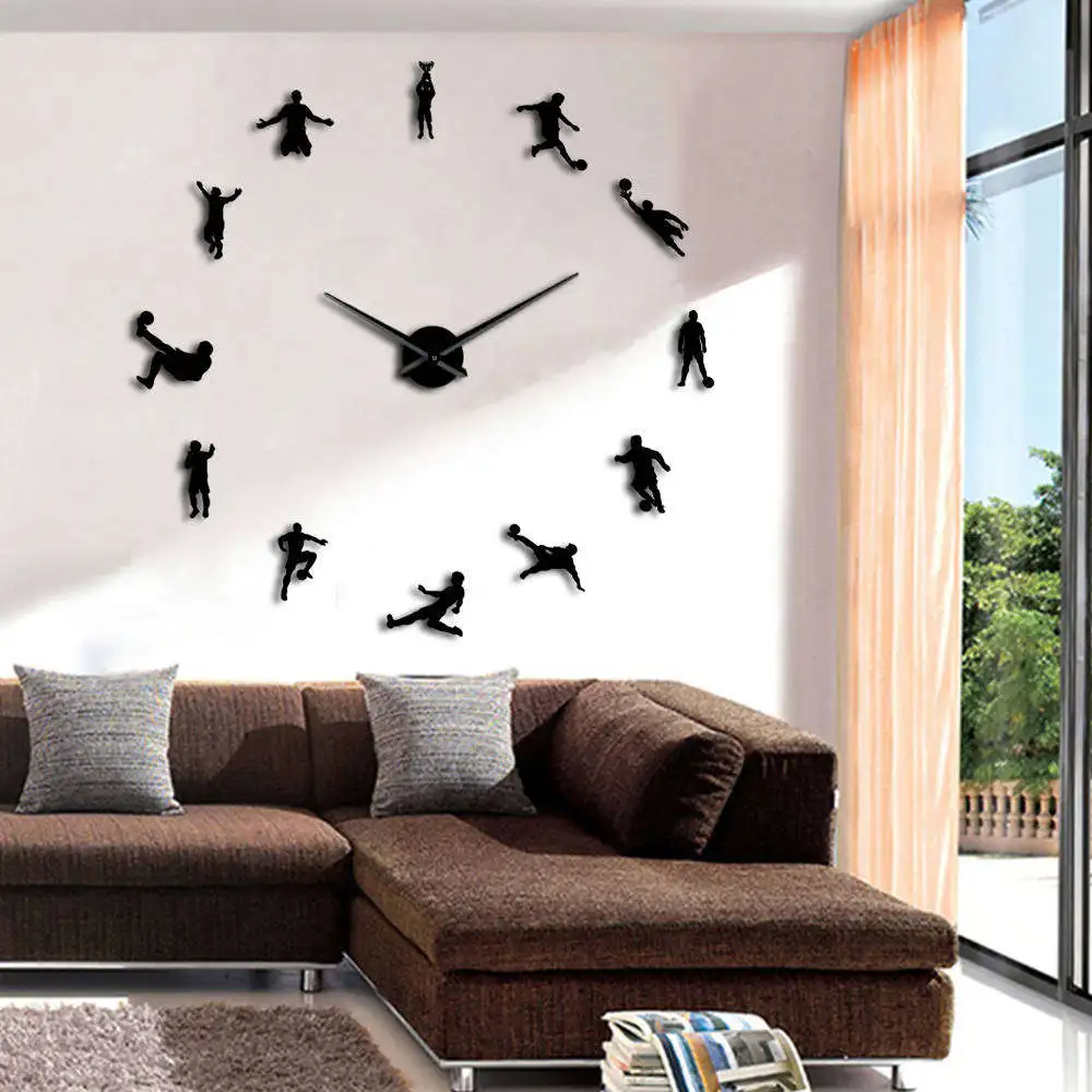 Contemporary DIY  Large Wall Clock Sticker Football Players Soccer Game 3D Wall Clock Watches Living Room Wall Art Decor