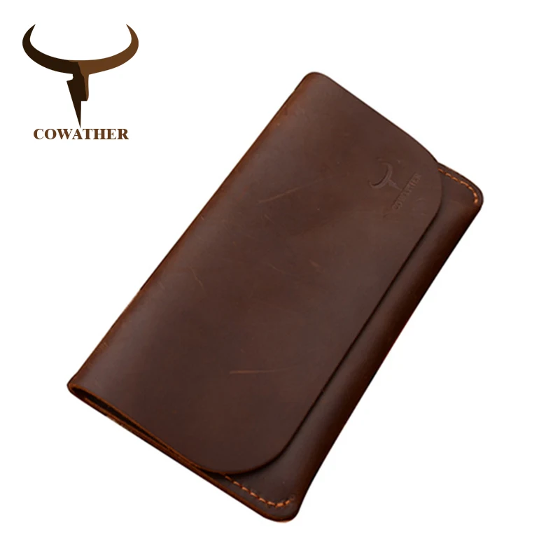 COWATHER 2021 high grade cow genuine Crazy horse leather men wallets long black or coffee fashion male purse 104 free shipping