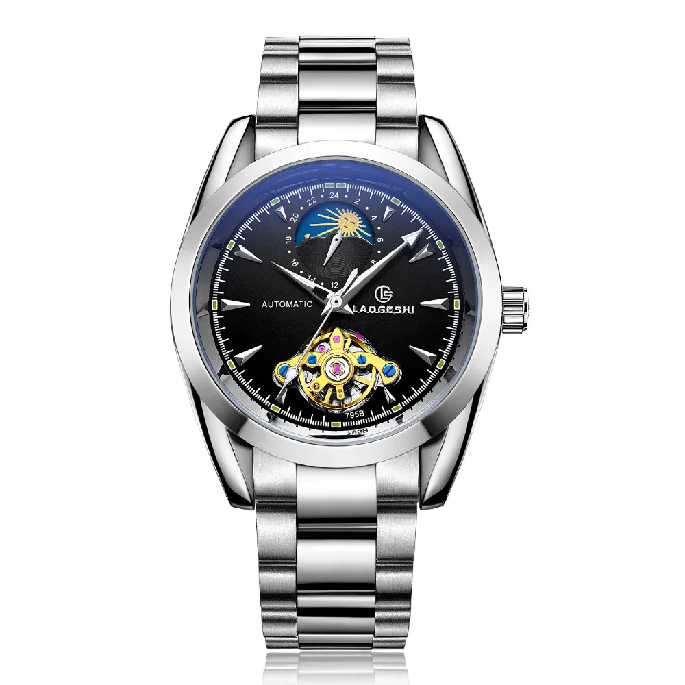Mezczyzni zegarki Moon phase Relojes Laogeshi бренд Tourbillon полые водонепроницаемые часы мужские