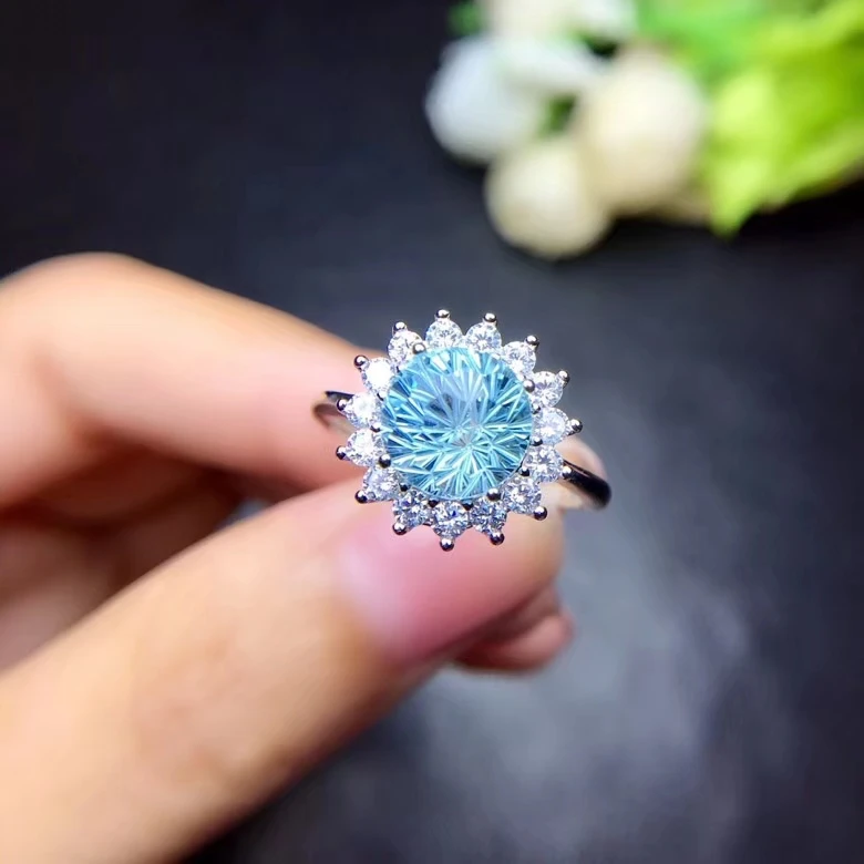 

Fashion grace round Natural Sky blue Fireworks topaz gem Ring Natural gemstone ring S925 silver women girl gift party Jewelry