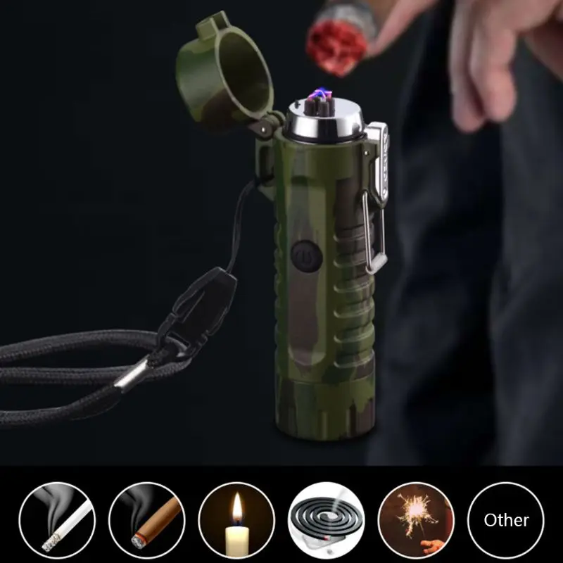 Usb светодиодный фонарик плазменная зажигалка, камуфляжные зажигалки, водонепроницаемый фонарь, двойная дуговая Зажигалка для мужчин, для кемпинга, для курения