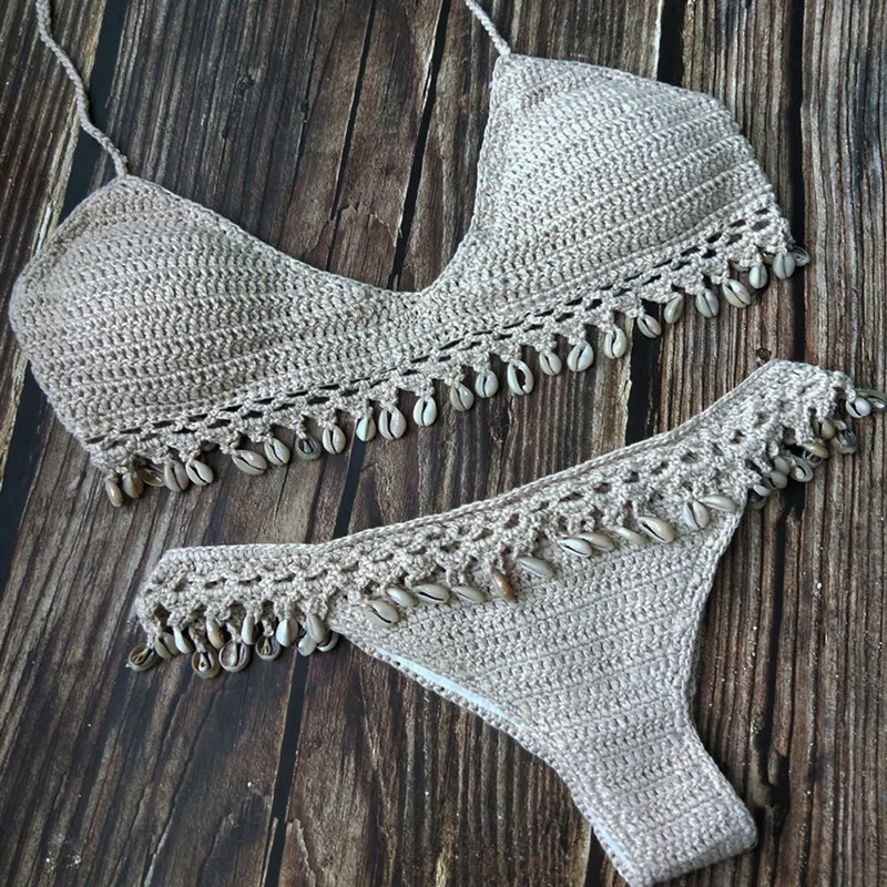 Женский комплект бикини ручной работы вязаный крючком пуш-ап бюстгальтер с