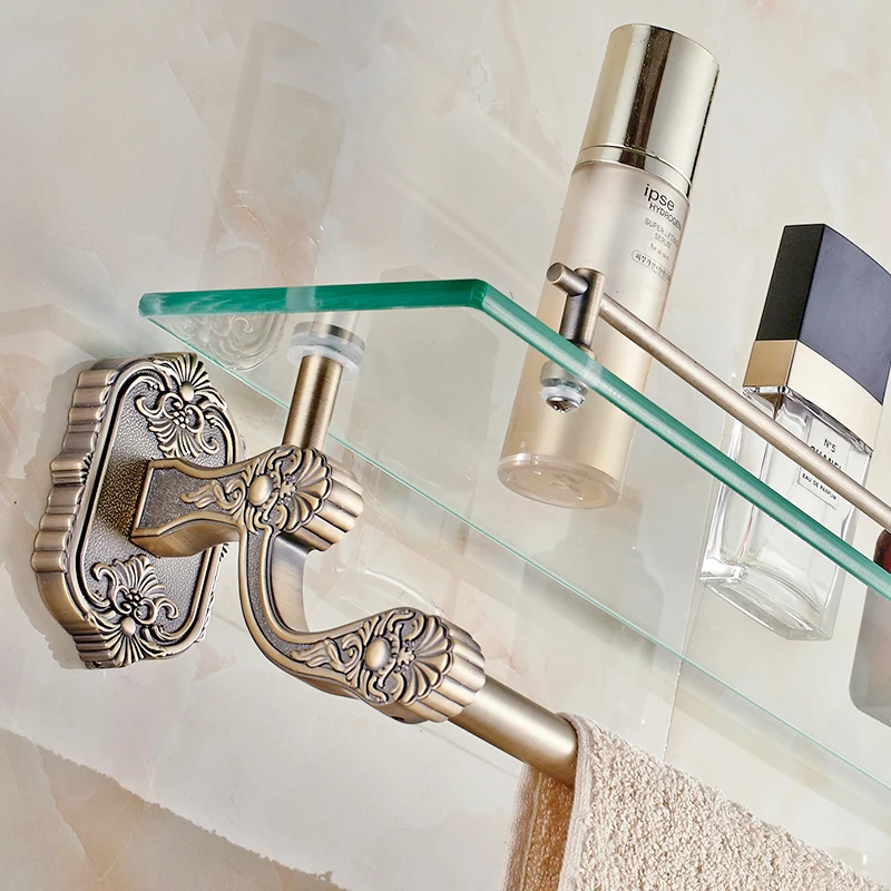 

Bathroom Shelves Tempered Glass Shelf Brass Gold Towel Bar Shampoo Cosmetic Racks Carved Bathroom Accessories Wall Holder 3314