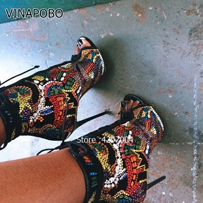 Хит продаж 2018 женские ботинки на высоком каблуке с открытым носком и кристаллами