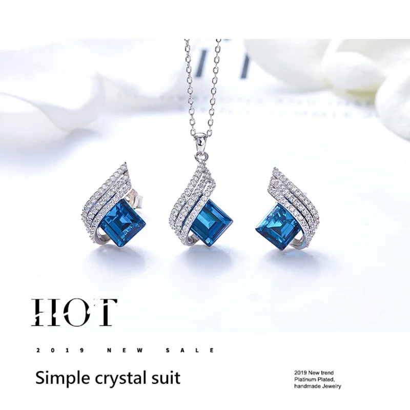 Роскошный 925 пробы серебряный комплект, украшенный кристаллами от Swarovski, ювелирный набор, кулон, ожерелье, серьги-гвоздики