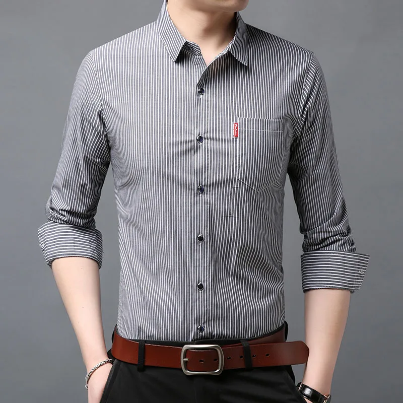 Fashion Brand Designer Shirt Men Striped Top Grade Slim Fit Streetwear Long Sleeve Workout Japanese Casual Men Clothes - Цвет: Medium Grey