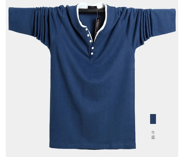 picture color Мужская футболка 8XL с длинными рукавами большого размера Осенняя Повседневная футболка с пуговицами хлопок 6XL 7XL простая темно-синяя футболка с v-образным вырезом - Цвет: picture color