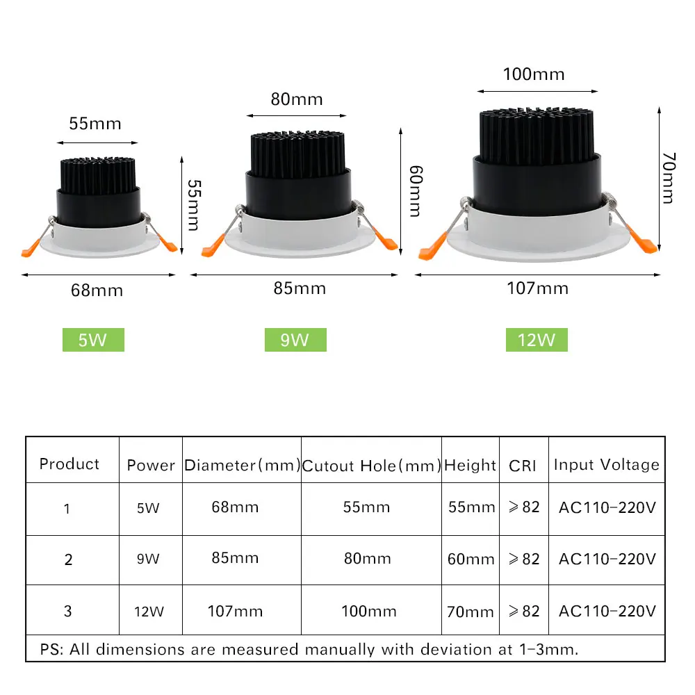 DBF-foco LED COB ajustable de ángulo de 2020, luces empotradas de techo, regulable, 5W, 9W, 12W, 3000K/4000K/6000K, AC110/220V