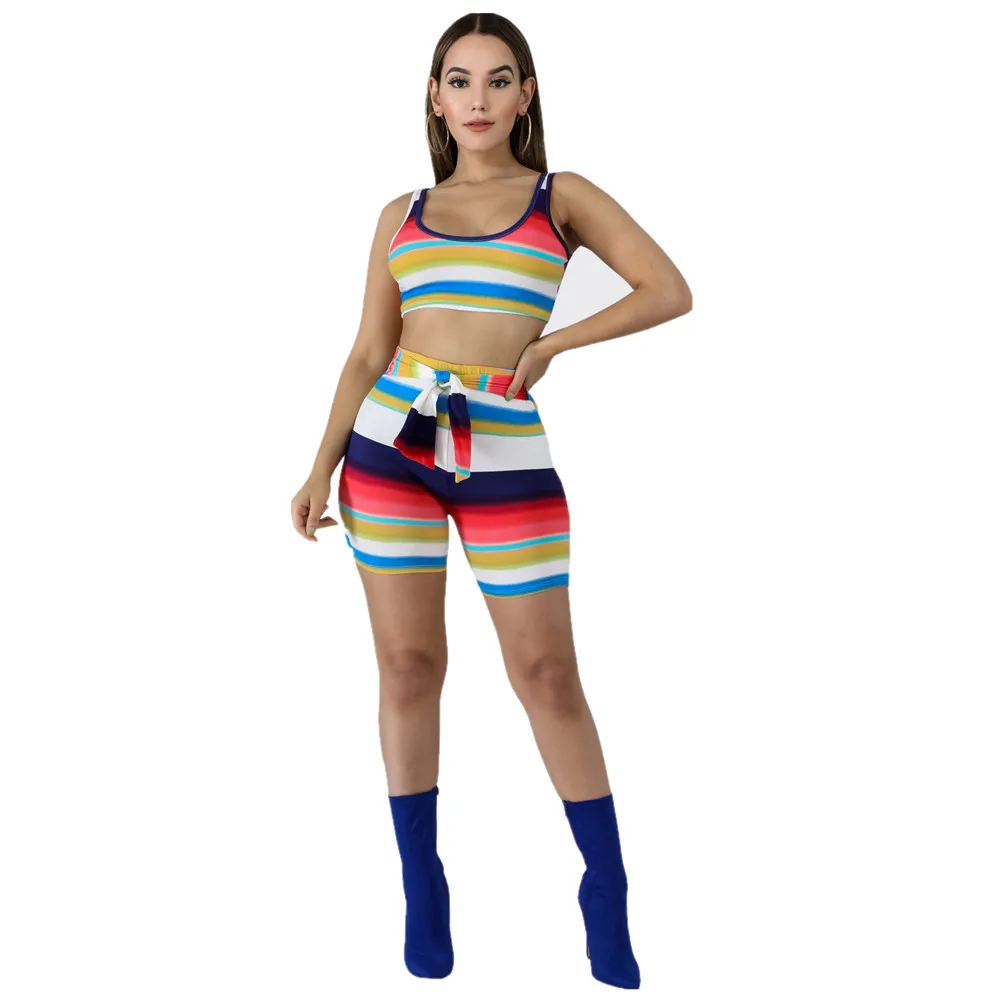 

HAOOHU 2019 women summer multi color stripes print short tank top tie up waist shorts suit sporting two piece set tracksuit