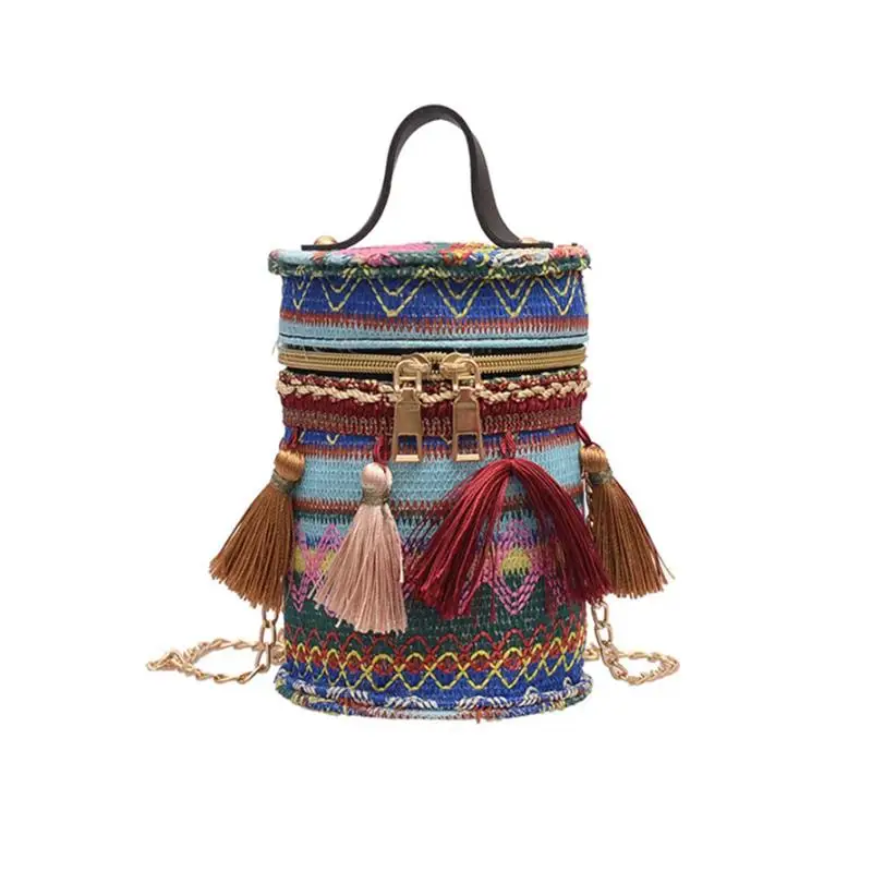 

2019 Fashion Ethnic Style Portable Chain Bucket Handbag Bucket Bags Women Cavans Shoulder Bag Lady Crossbody Bag