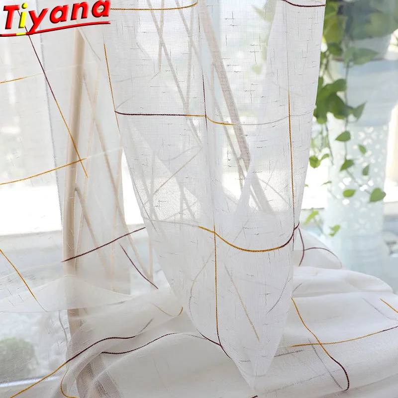 

Modern Brown Plaid Voile Curtains For Living Room Chiffon Curtains Tulle for Bedroom Cafe Hotel Practical Customizable W-M053