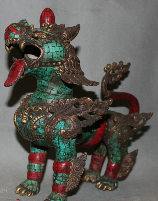 JP S62 10&quotOld Tibet Tibetan Buddhism Bronze turquoise Fengshui Kylin Beast Qilin Statue | Дом и сад
