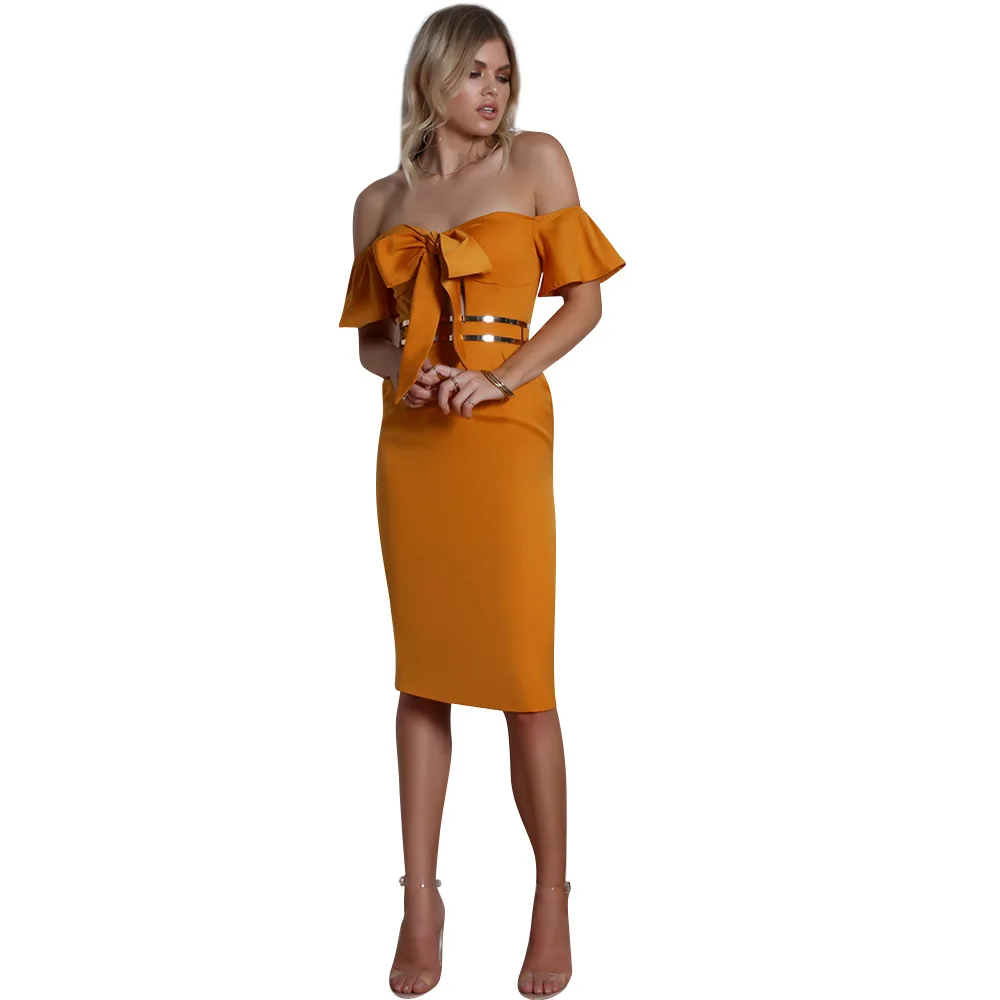 Европа и США пикантные женские платье с бантом мода Slash шеи ночной клуб женский