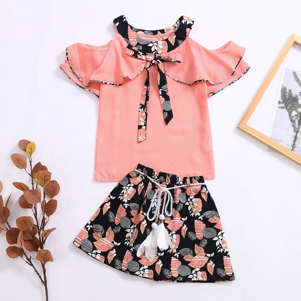 Комплект одежды для девочек лето 2019 детские топы с цветочным принтом и оборками